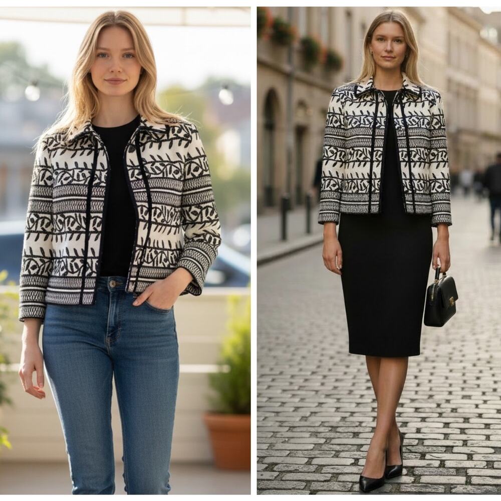 Tory Burch Women’s Size 0 or Xs Laurie Jacquard Crop Jacket Black White